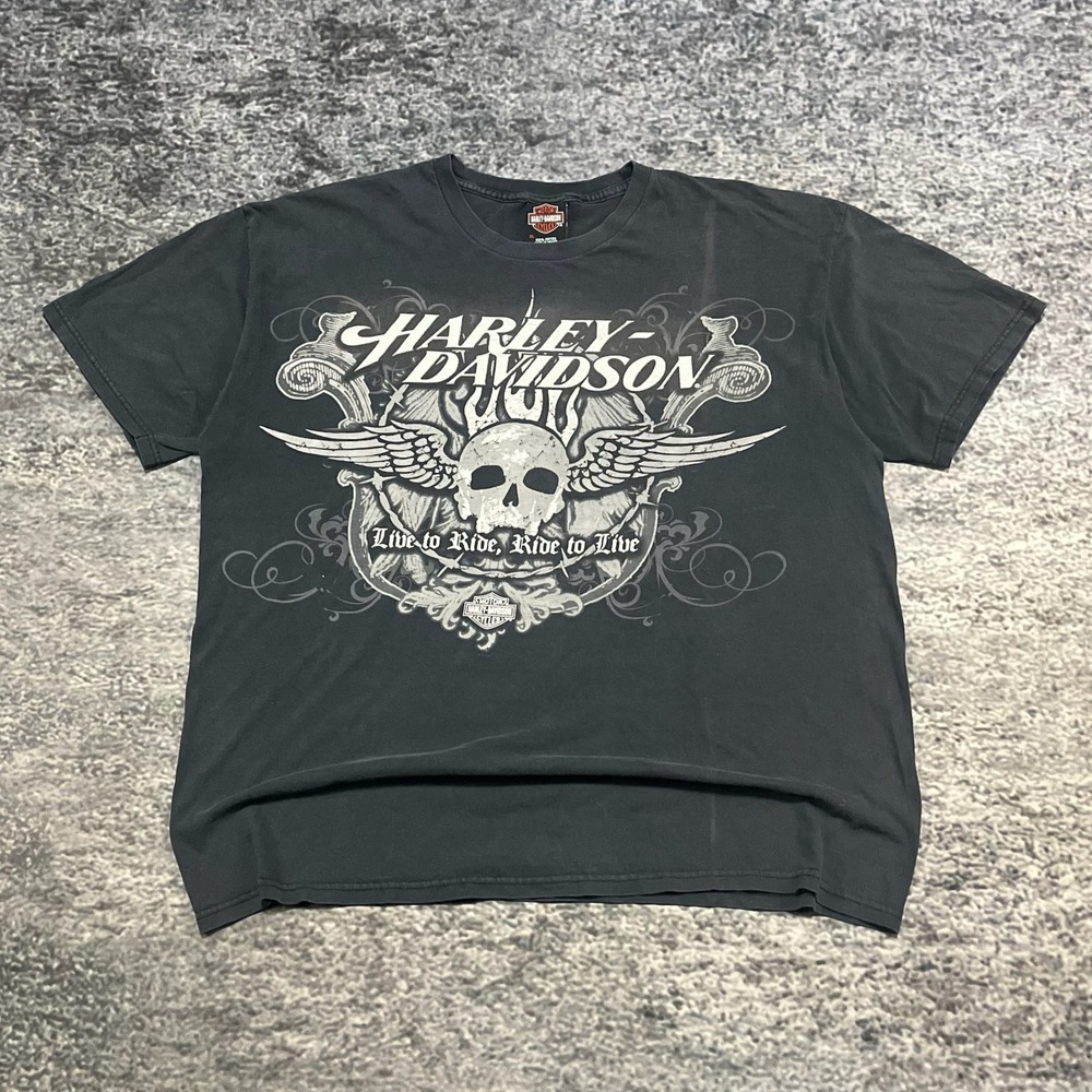 Vintage‎ Harley Davidson Skull T Shirt Mens XL Black Flames Biker Motorcycle Y2K